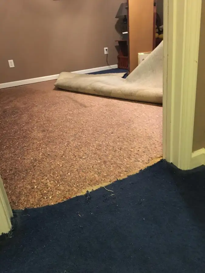 Carpet pad removal revealing water damage during Drying & Dehumidification in Wildomar